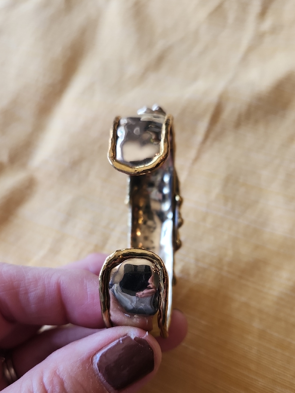 Gold-Tone Mixed Metals Cuff Bracelet with Black Stone Vintage Abstract Copper - Picture 5 of 12